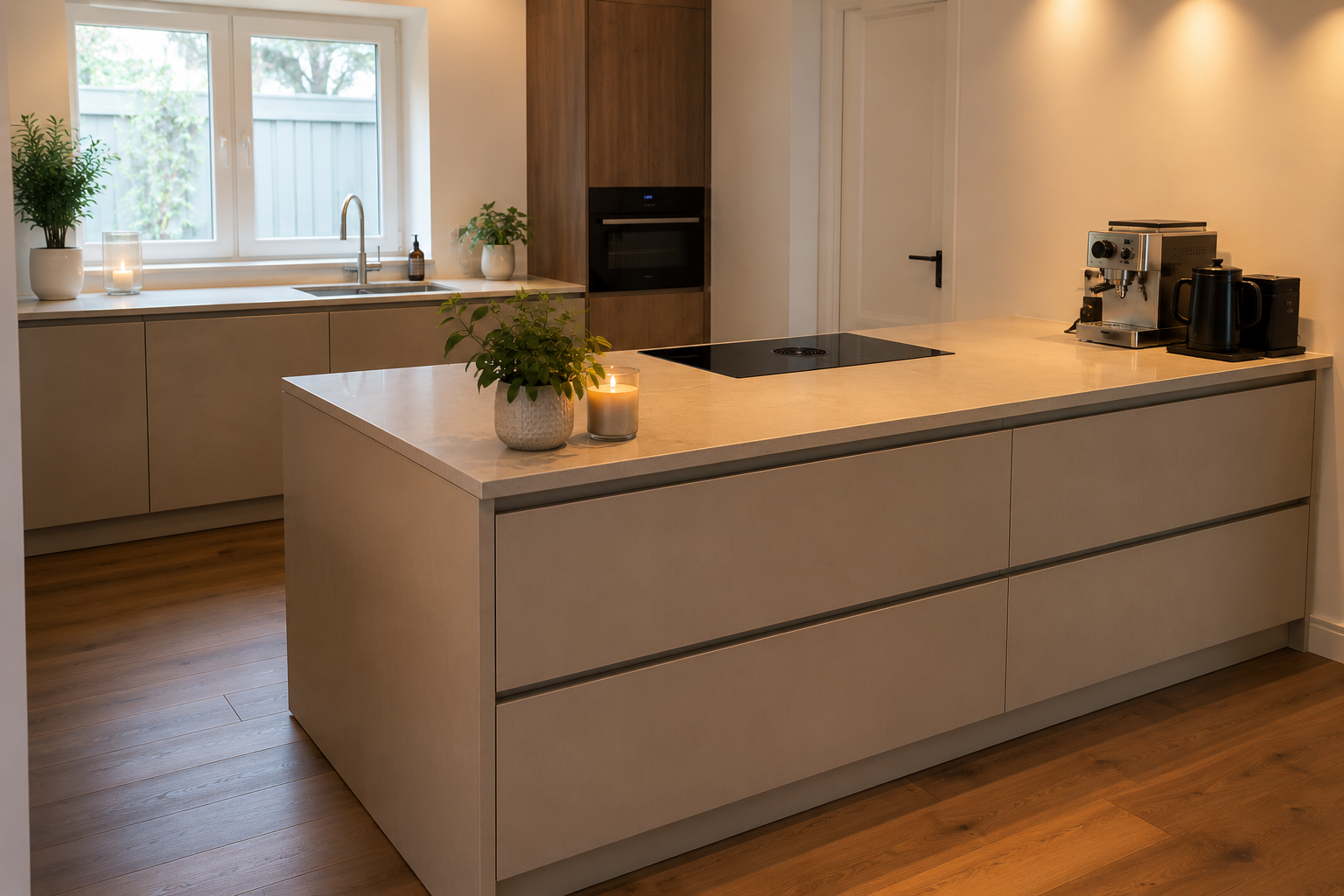 Keuken met groot kookeiland, inductiekookplaat en houten vloer