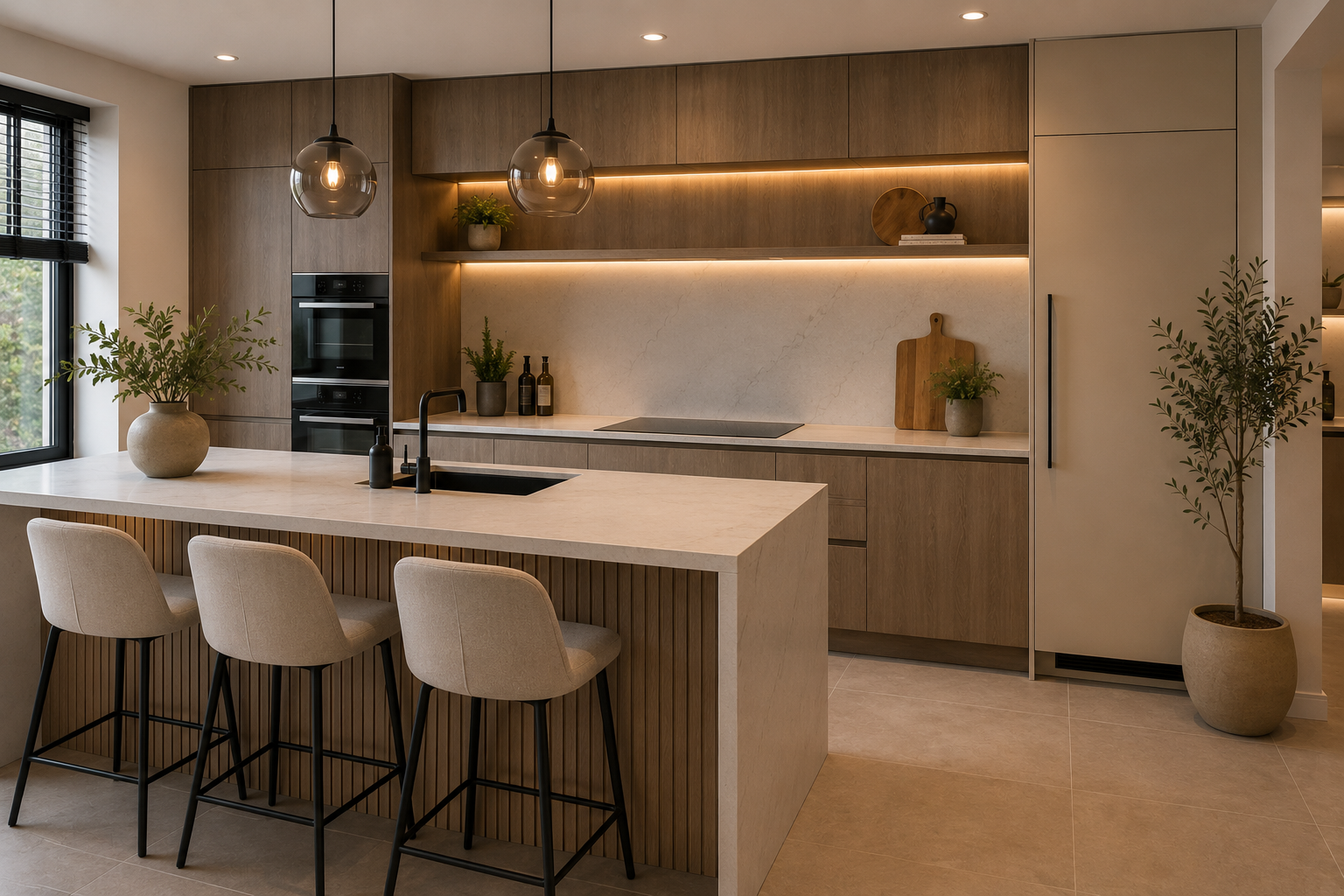 Keuken met kookeiland, houten fronten, barkrukken en sfeerverlichting