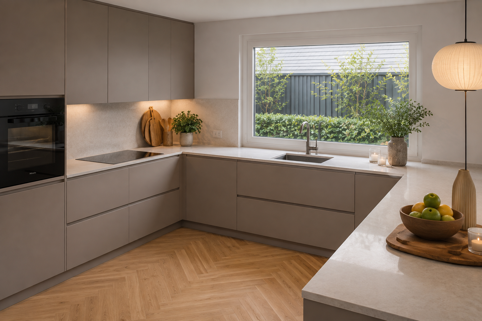 Taupekleurige greeploze keuken met composiet werkblad en visgraatvloer