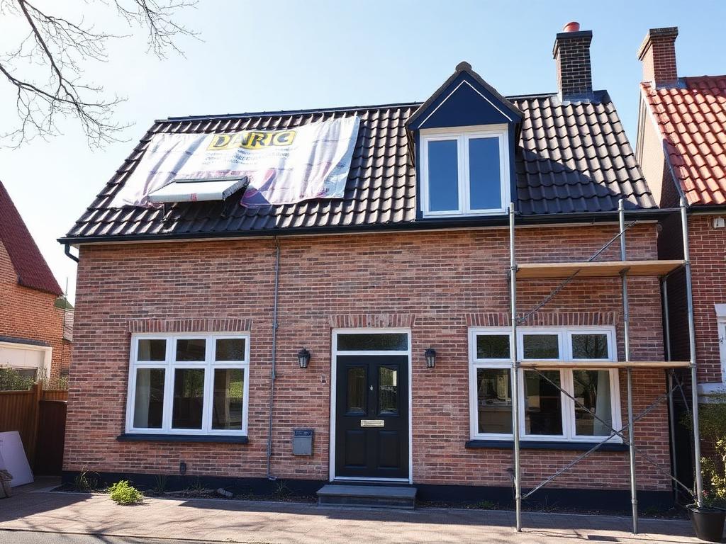 Gerenoveerde woning aan de buitenzijde met nieuwe kozijnen en dakwerk